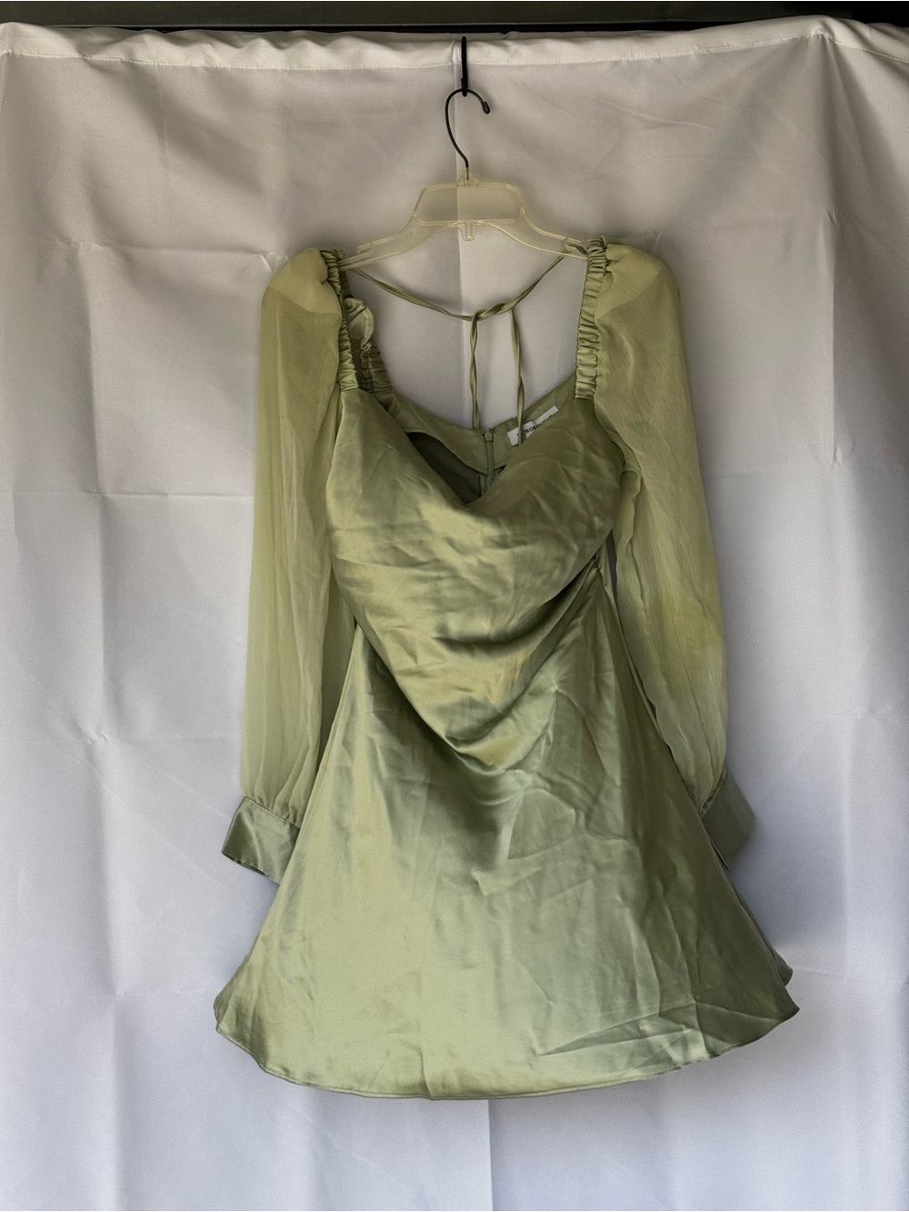 WeWoreWhat Olive Satin Mini Dress with Sheer Puff Sleeves